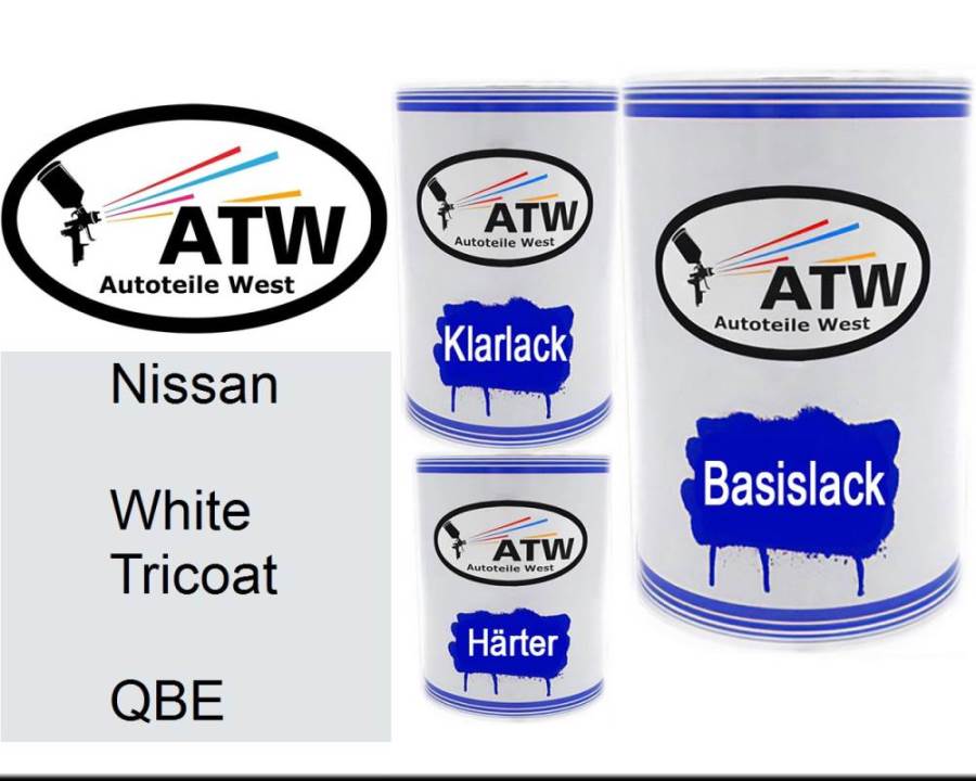 Nissan, White Tricoat, QBE: 500ml Lackdose + 500ml Klarlack + 250ml Härter - Set, von ATW Autoteile West.